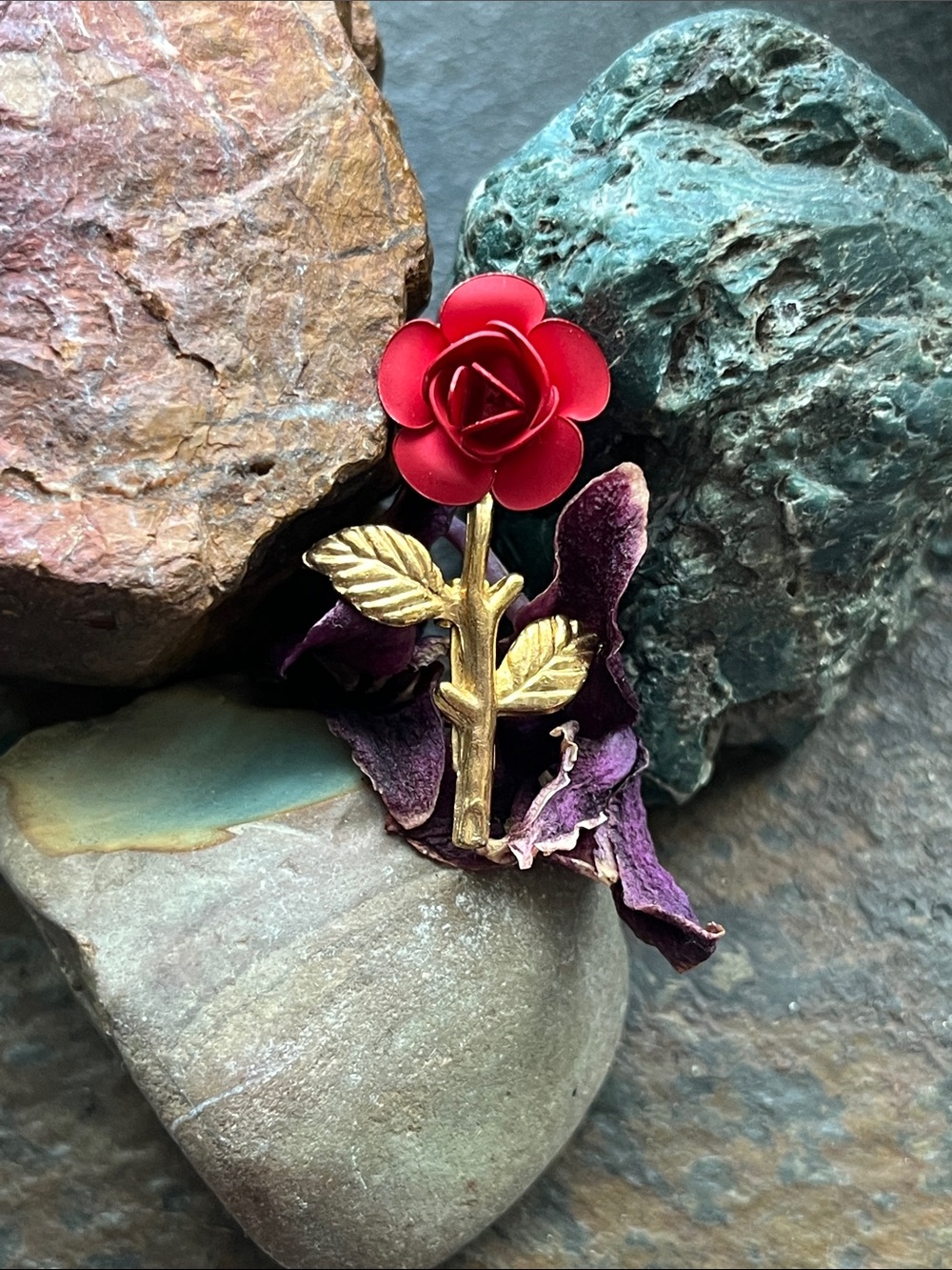 Red Rose Brooch with Gold Stem - Women's Jewelry